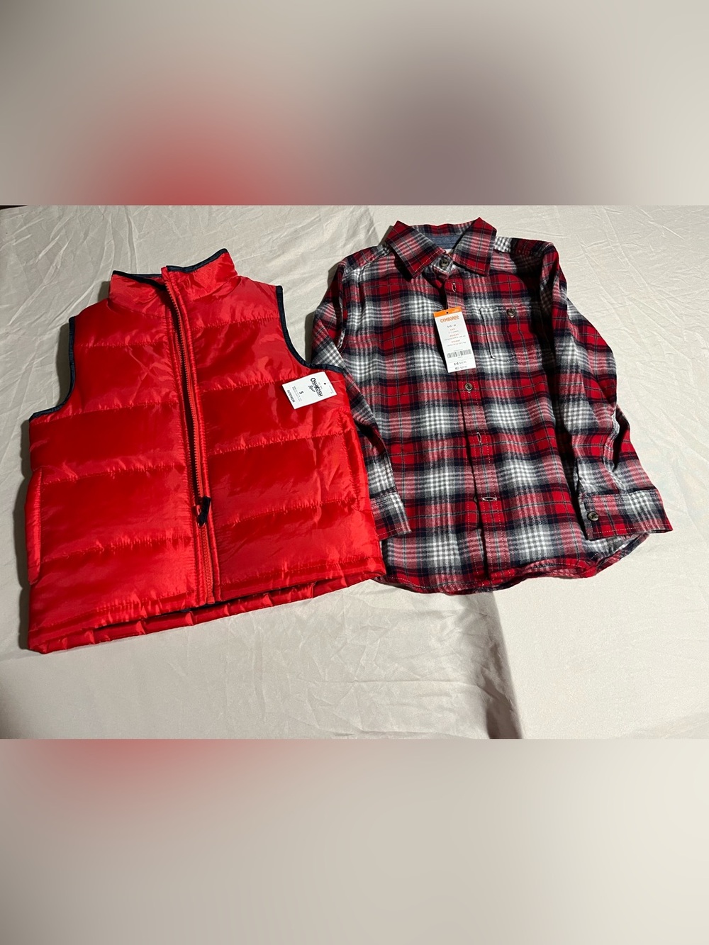 OshKosh B'gosh Red Puffer Vest with Red & Black Plaid Shirt Bundle Size 5 NWT